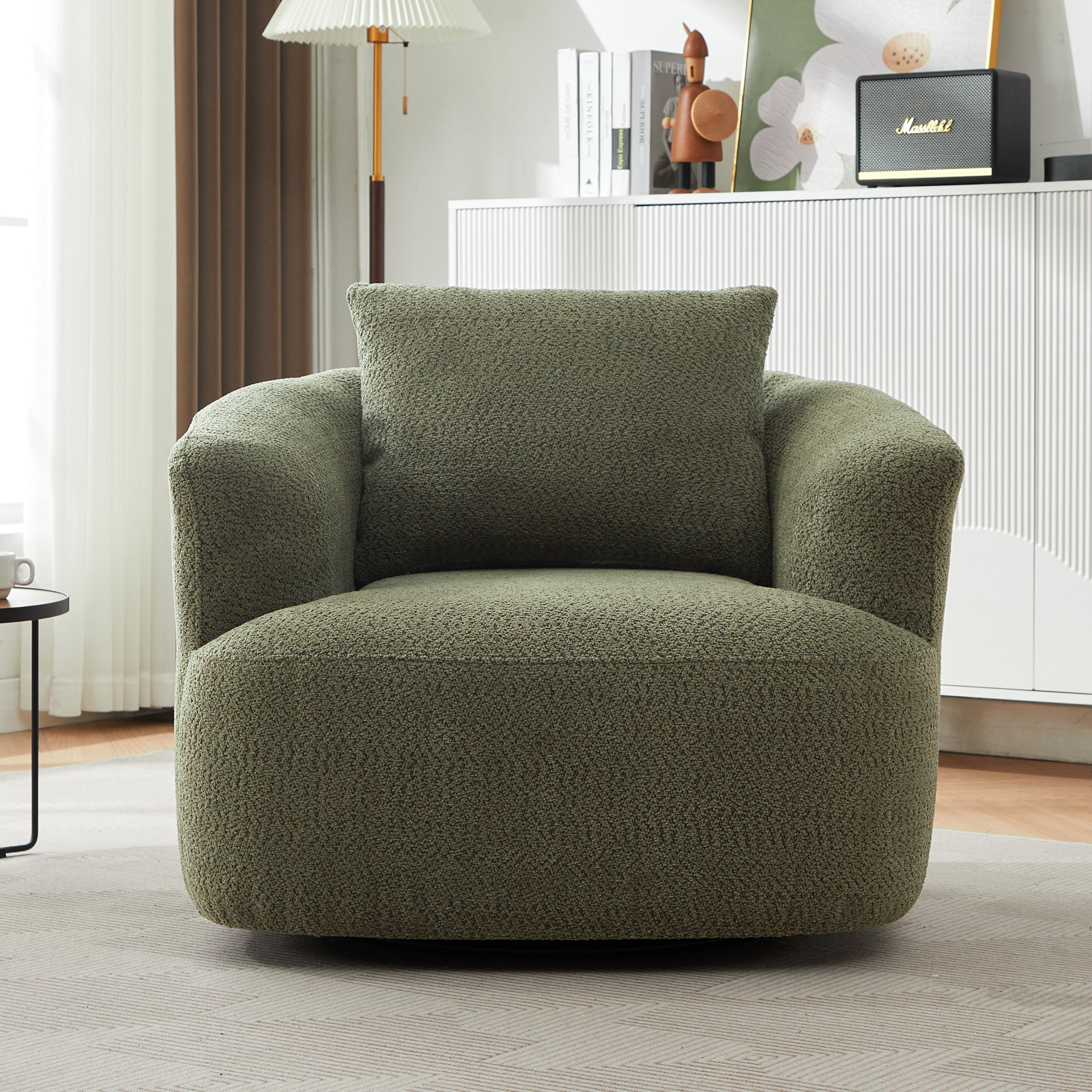 360° Swivel Chair, Chenille Upholstered Barrel Sofa Chair with Throw Pillow, Green, 38.2' for Living Room, Bedroom, Office