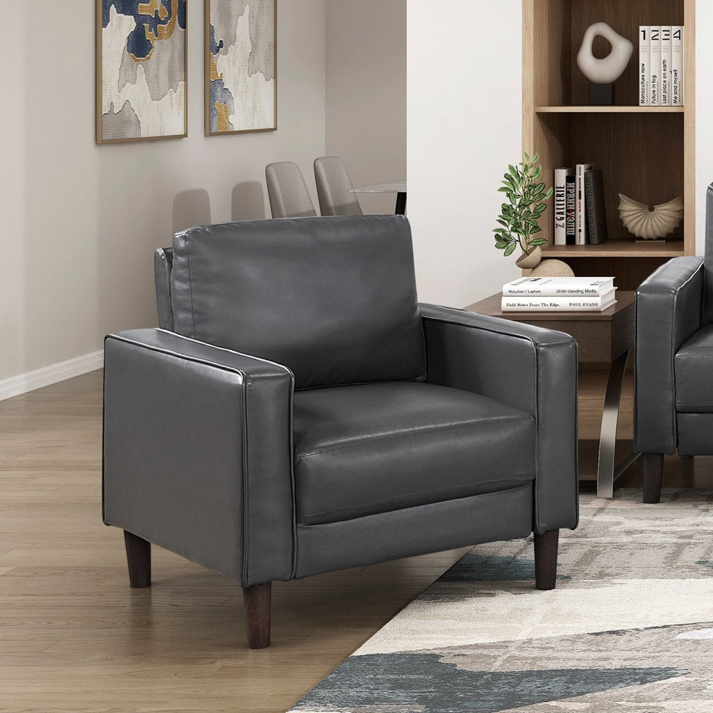 Modern Living Room Furniture 3pc Set Sofa Loveseat Chair Dark Gray Faux Leather Upholstered Cushion Back Seat Solid Wood