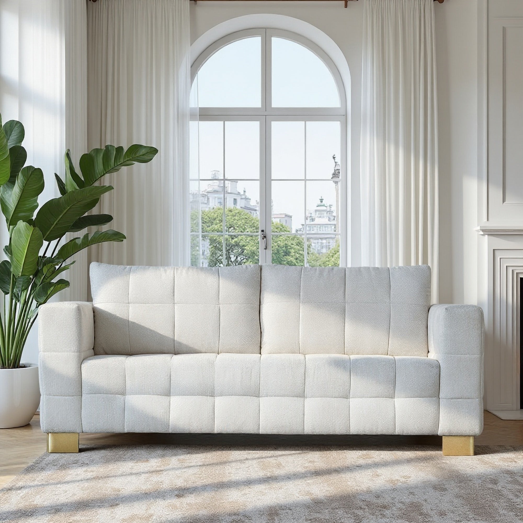 FX-P54-BE SOFA  Contemporary Beige Chenille Couch, Deep-Seat 3-Person Sofa with Wide Armrests & Brushed Stainless-Steel Block Legs Soft Upholstered Sofa for Living Room