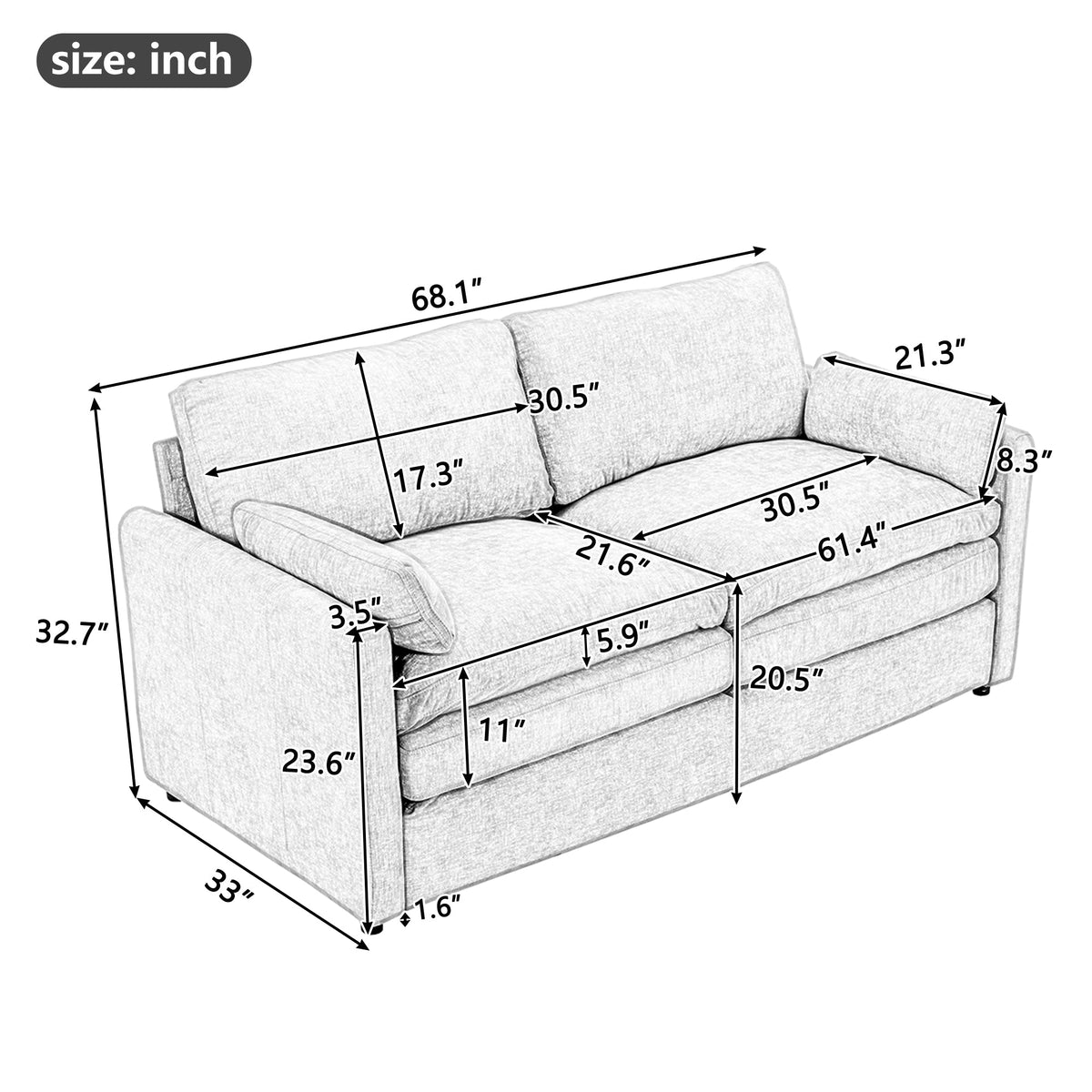 68.1' Cozy Upholstered Loveseat Sofa Oversized Comfy Comfy Cloud Sofa Double Cushion Loveseat Sofa Plush Cushion Sofa Couch for Living Room, Grey