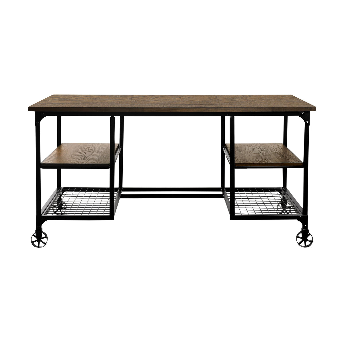 Modern Traditional Aesthetic 1pc Writing Desk with 4x Shelves Metal Casters Natural Finish and Rustic Black Metal Finish