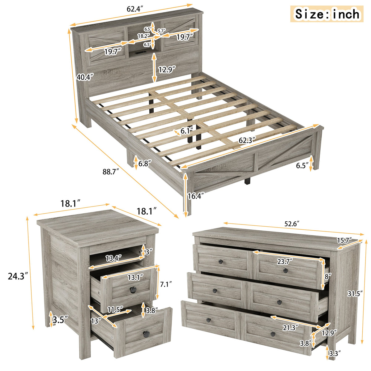 3-Pieces Bedroom Sets Queen Size Farmhouse Platform Bed with Double Sliding Door Storage Headboard and Charging Station, Storage Nightstand and Dresser, Antique Gray(Old SKU HL000092AAG)