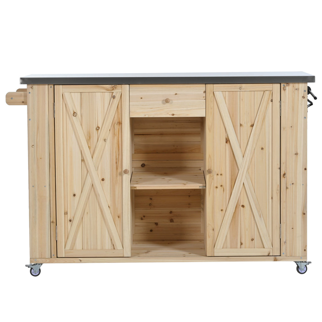 Outdoor Kitchen Island Fir Wood Kitchen Island with Stainless Steel Top, Ample Storage Space, Towel and Spice Racks, Bottle Opener, Natural