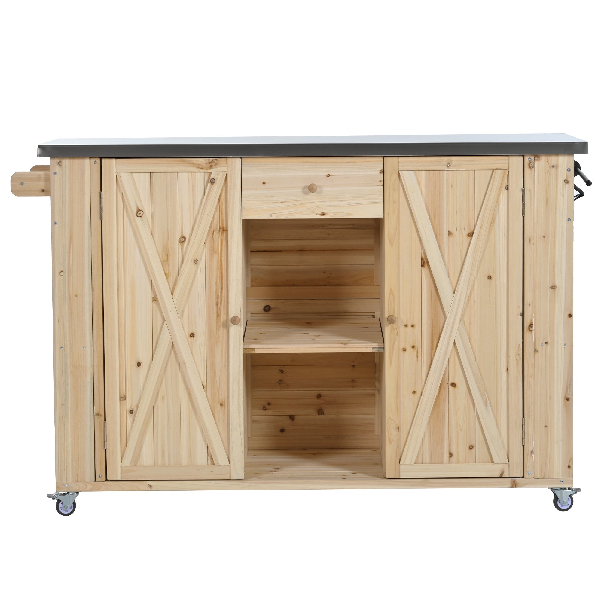 Outdoor Kitchen Island Fir Wood Kitchen Island with Stainless Steel Top, Ample Storage Space, Towel and Spice Racks, Bottle Opener, Natural