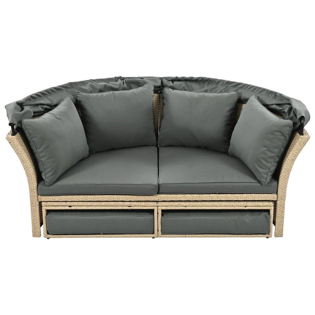 Outdoor Patio Daybed Wicker Rattan Double Daybed with Retractable Canopy, Grey, Polyester Upholstery, 71.7 x 63.4 x 62.2 inches