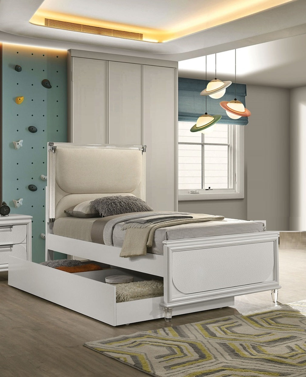 Contemporary Glam Pearl White Full Size Bed W Trundle 2x Nightstands Embossed Panel 3pc Bedframe Bedroom Furniture