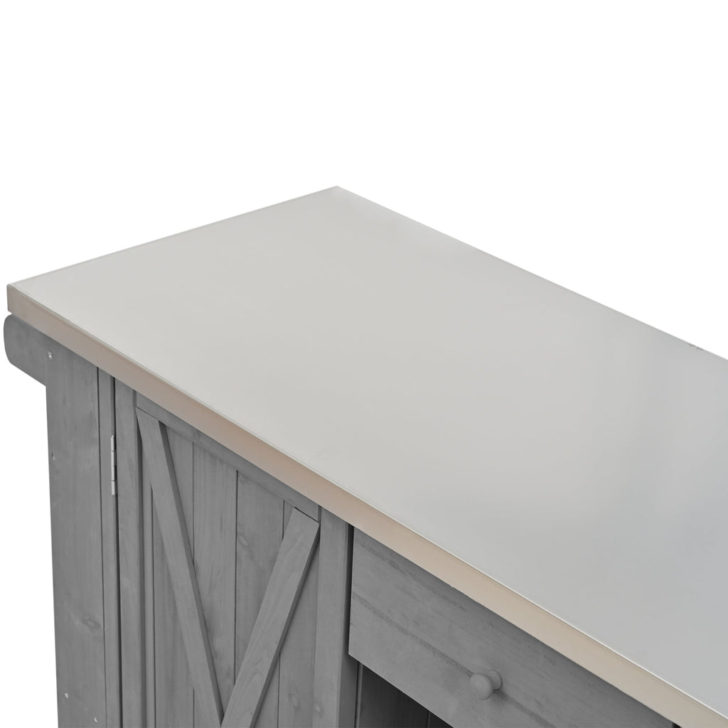 Outdoor Kitchen Island Fir Wood Kitchen Island with Stainless Steel Top, Ample Storage, Towel and Spice Racks, Bottle Opener, Grey