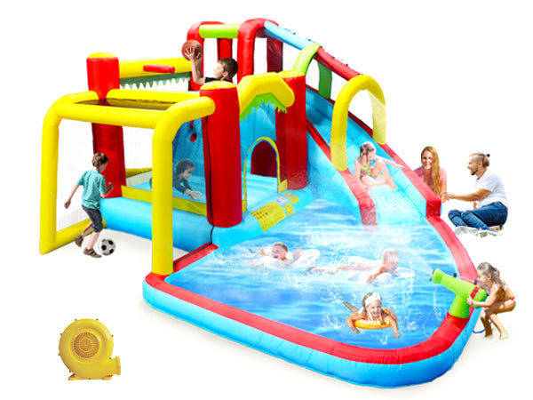 7 in1 Inflatable slide water park bouncing house outdoor Soccer garden bouncer with Splash pool  & Water gun & Climbing wall & Basketball & Football