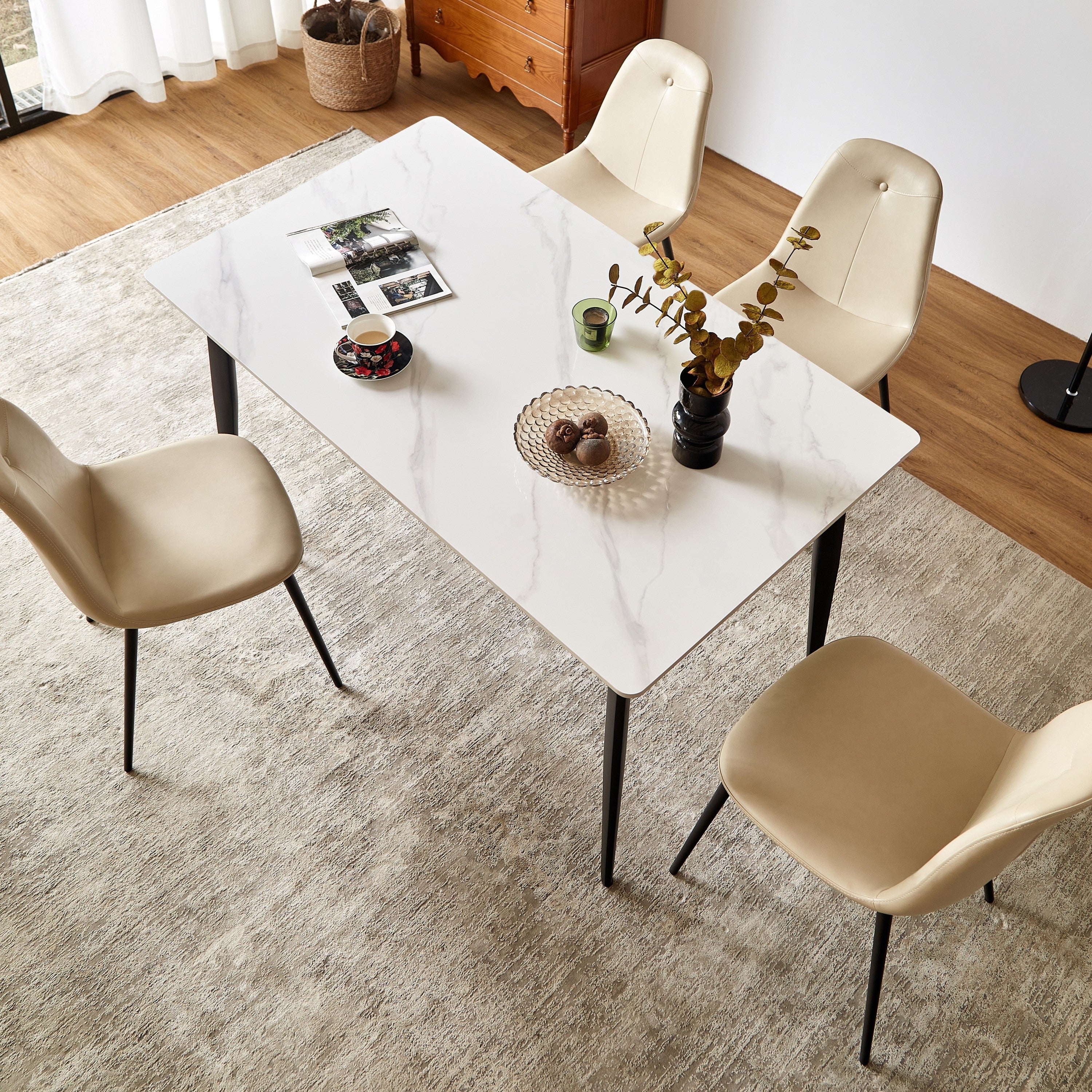 Mid Century Modern Dining Table 55 Inch Round White Sintered Stone Top Heavy Duty Metal Legs Waterproof Surface for Kitchen Dining Room or Office Furniture