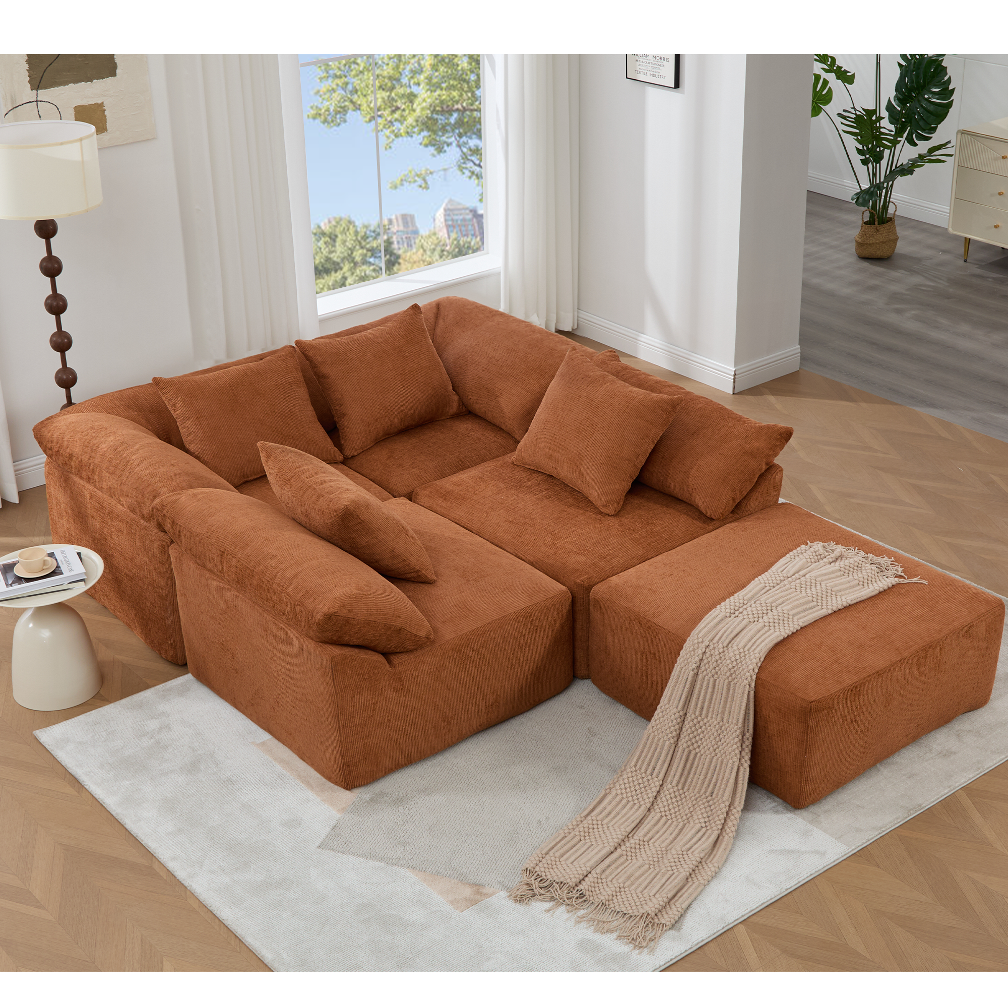 142' L Shaped Modular Sectional Sofa,No Assembly,5 Piece Couch, Convertible Sleeper Couch,Full-Compressed Couch,Free-Combined Couches,5 Seat & Ottoman,Chenille,Orange