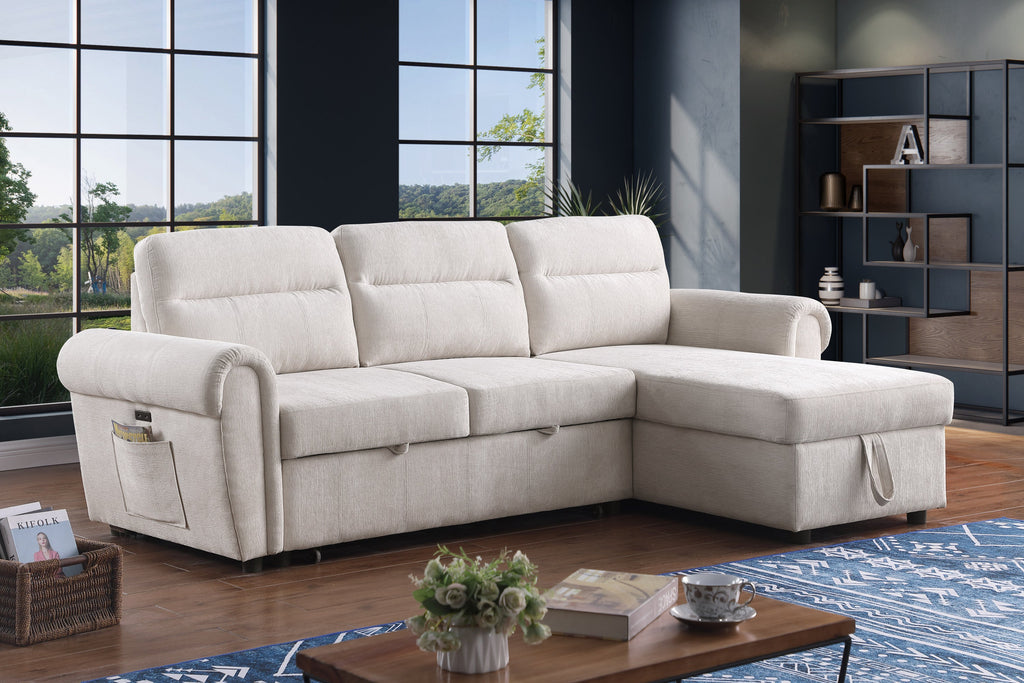 Hugo 97'W Beige Chenille Reversible Sleeper Sectional Sofa Chaise with USB Charger