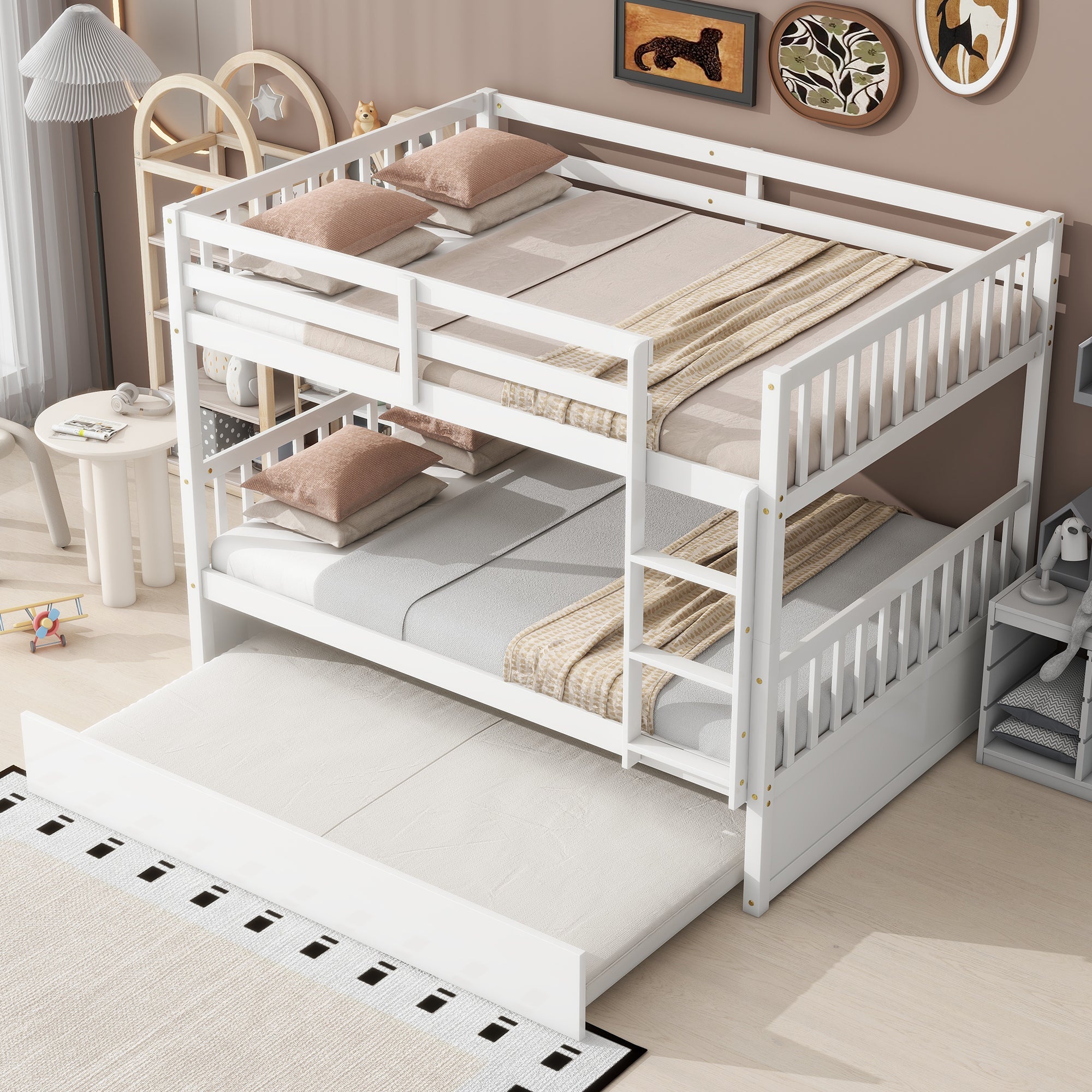 Full Over Full Rubber Wood Bunk Bed with Trundle, Ladder and Guardrails, Convertible to 2 Full Size Beds, with Twin Size Trundle,White