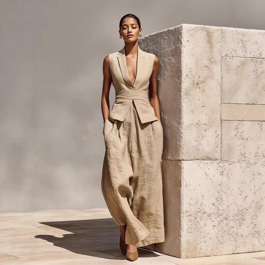 Women's Linen V-Neck Sleeveless Tank Top & Long Pants Set