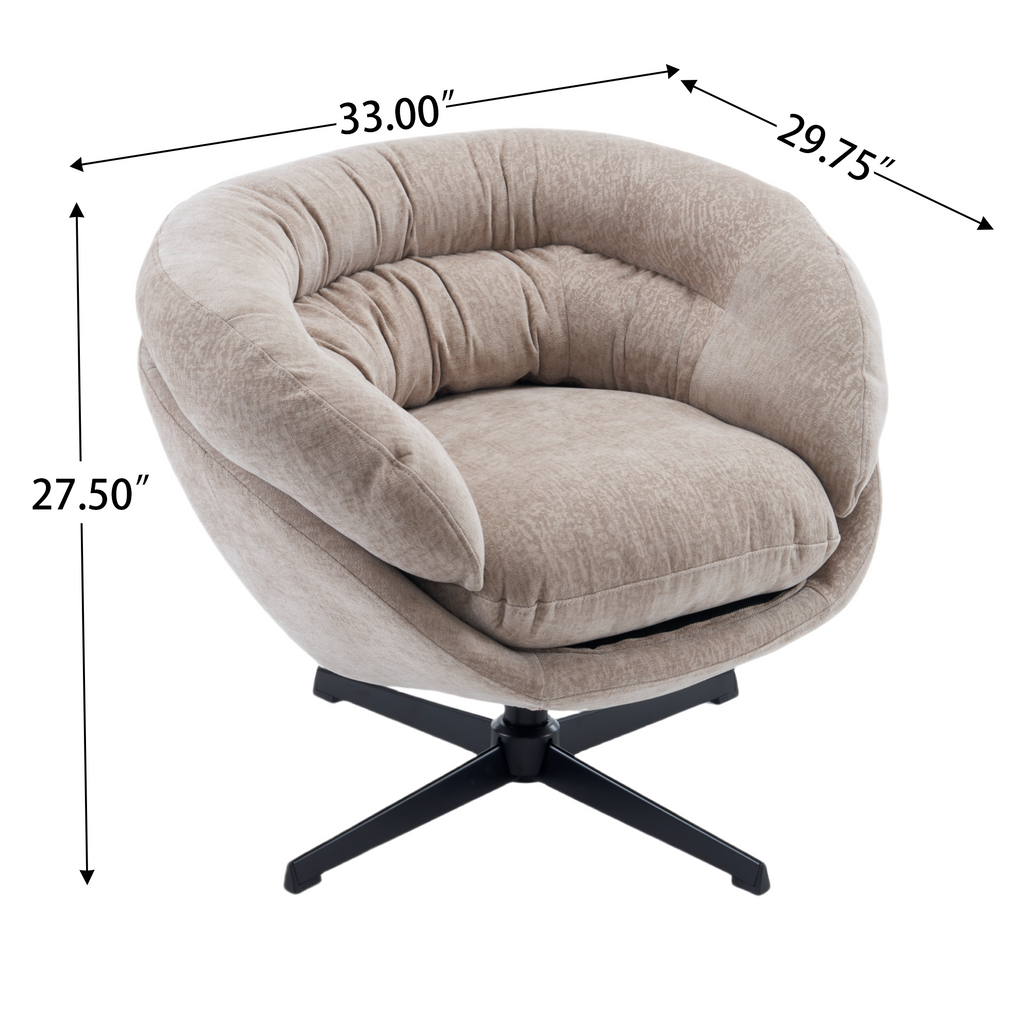 Modern Chenille Office Chair, 360° Swivel Club Chair/Accent Chair with Removable Cushion, Round Office Chair, Black Metal Base, Cotton Material, Living Room, Bedroom, Reading Corner, Office (Brown)
