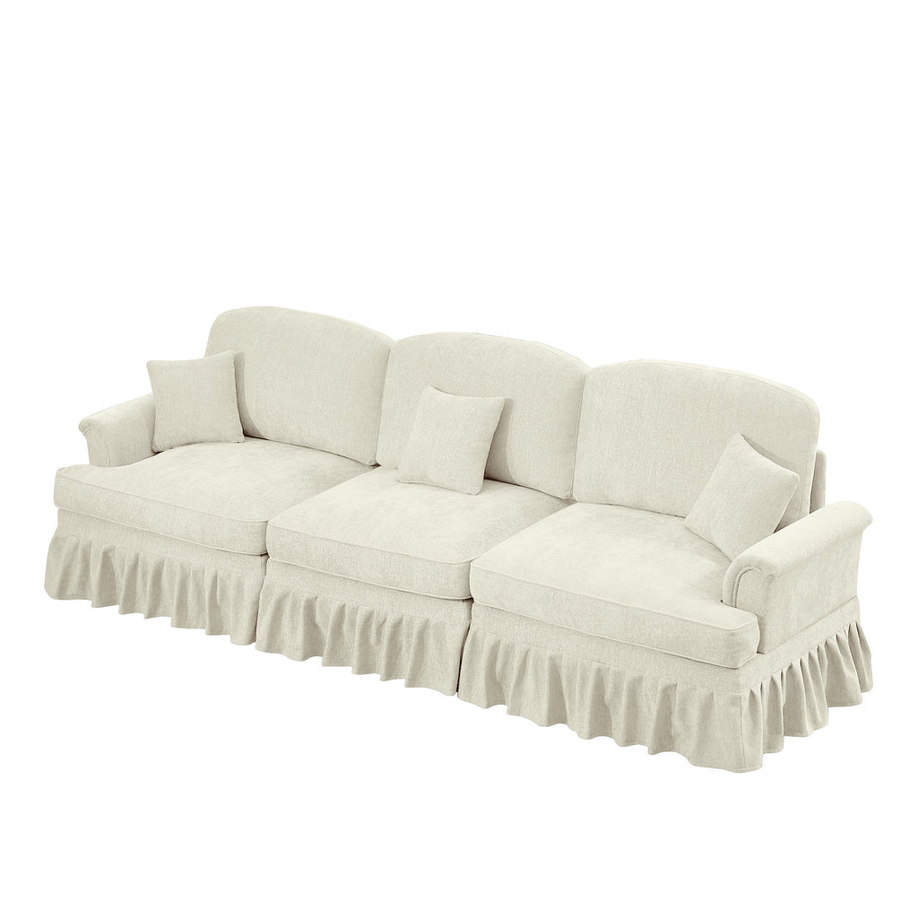 Elegant Mid Century Large 3 Seater Sofa Couch with Flared Arms and Removable Ruffles Pleats Skirts and Spindle Legs, Comfy Chenille Three-Seat Sofa for Living Room, Beige White