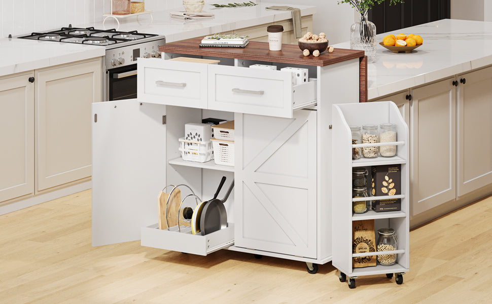 K&K 47.2' Farmhouse Kitchen Island with Drop Leaf, Kitchen Storage Island with Removable Side Racks, Two Drawers, Rolling Kitchen Cart on Wheels with Towel Rack, for Home, Kitchen, Dining Room, White