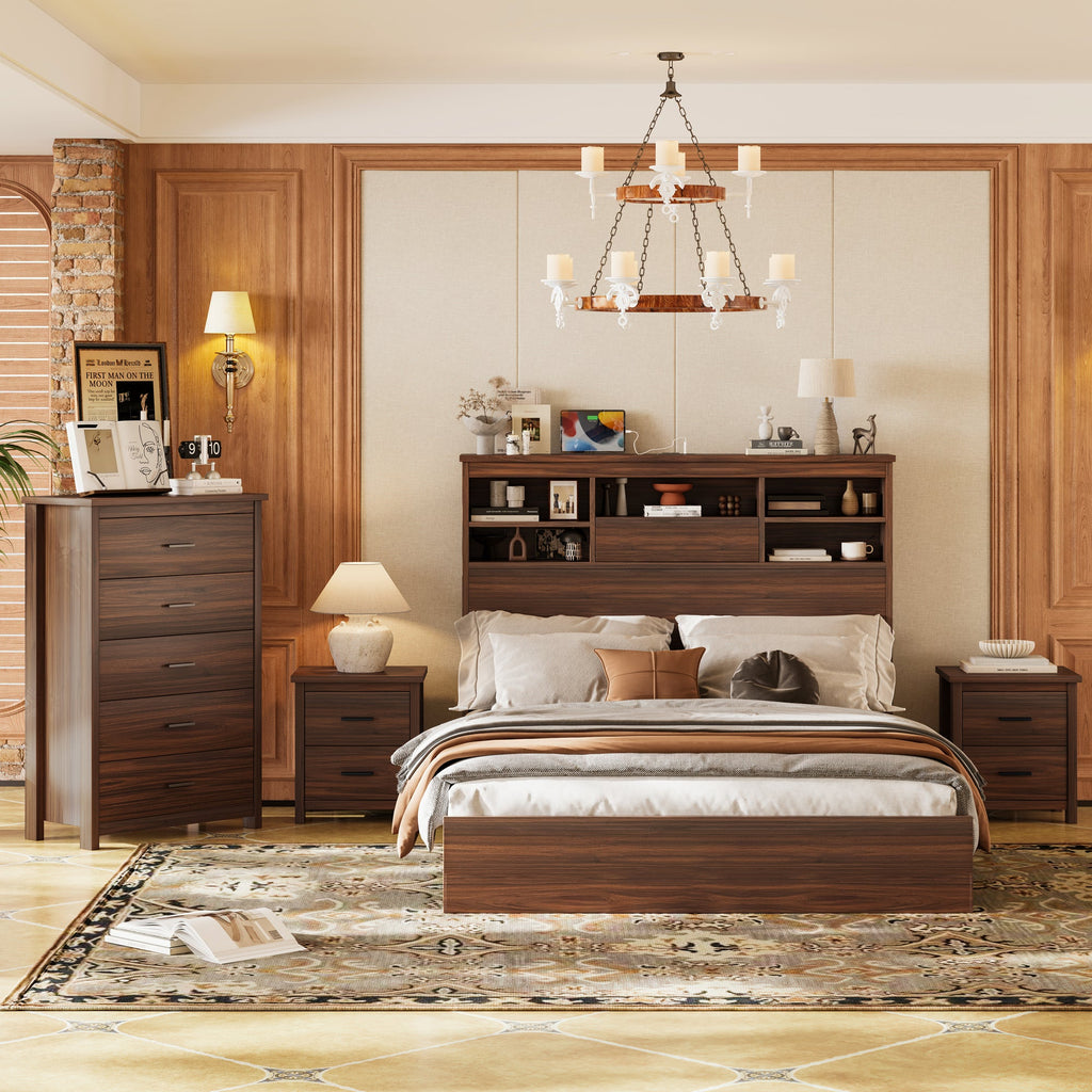 4PCS Bedroom Sets, Wooden Queen Size Bed Frame with Storage Headboard and Charging Station, 2 Nightstands with 2 Drawers, 1 Dresser with 5 Drawers, Walnut(old SKU HL000102AAD)