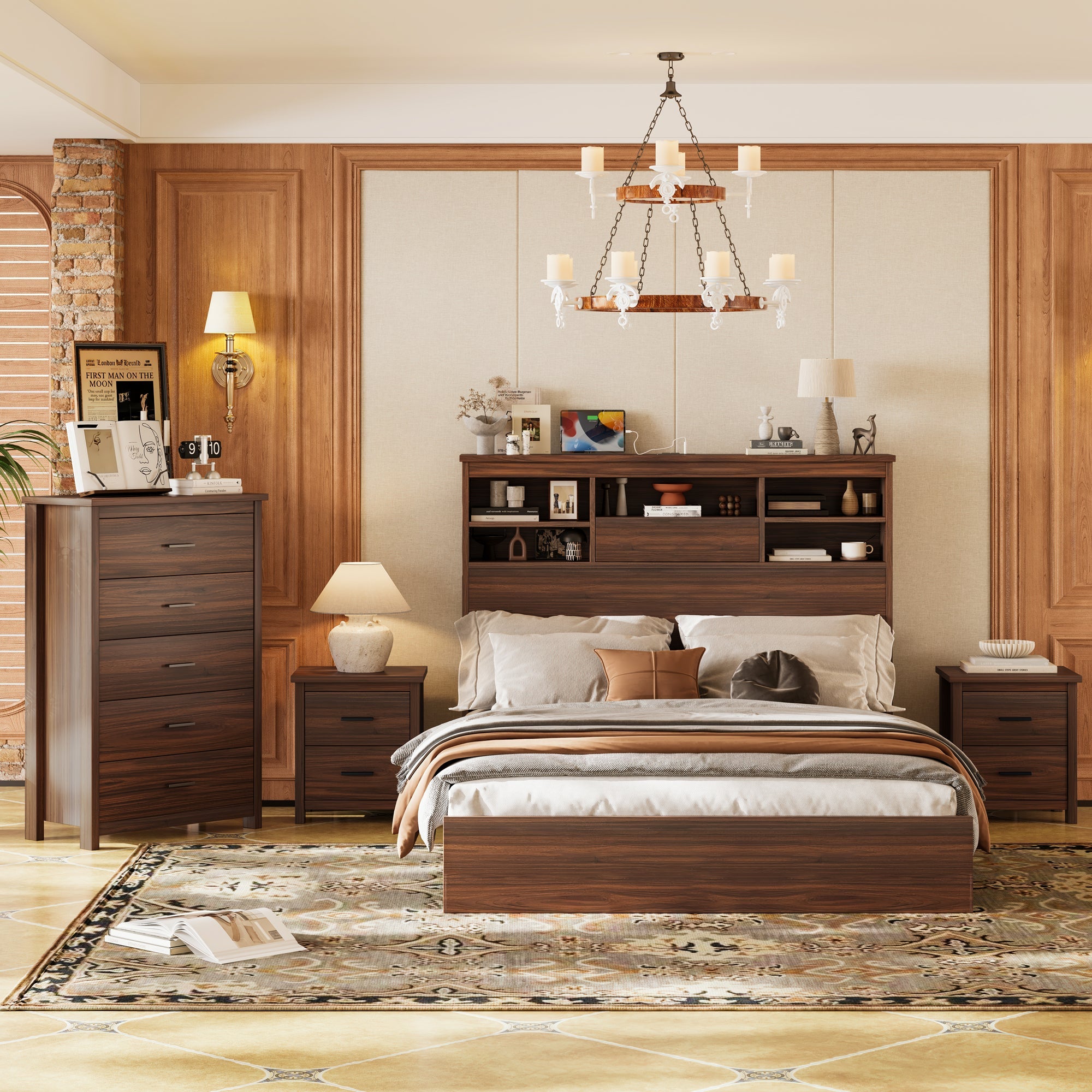 4PCS Bedroom Sets, Wooden Queen Size Bed Frame with Storage Headboard and Charging Station, 2 Nightstands with 2 Drawers, 1 Dresser with 5 Drawers, Walnut(old SKU HL000102AAD)
