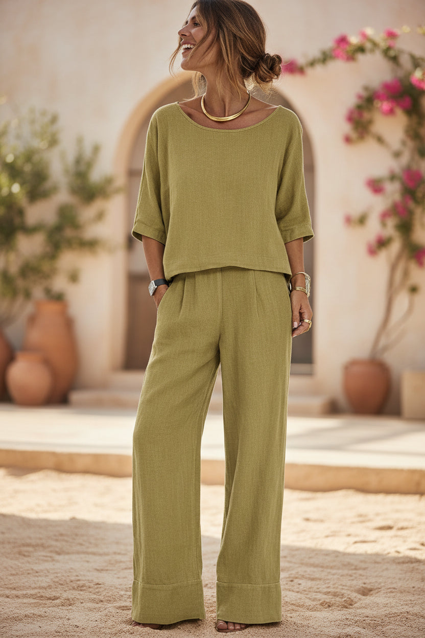 Women's Cotton Linen Resort Set – Short Sleeve Top & Wide-Leg Pants