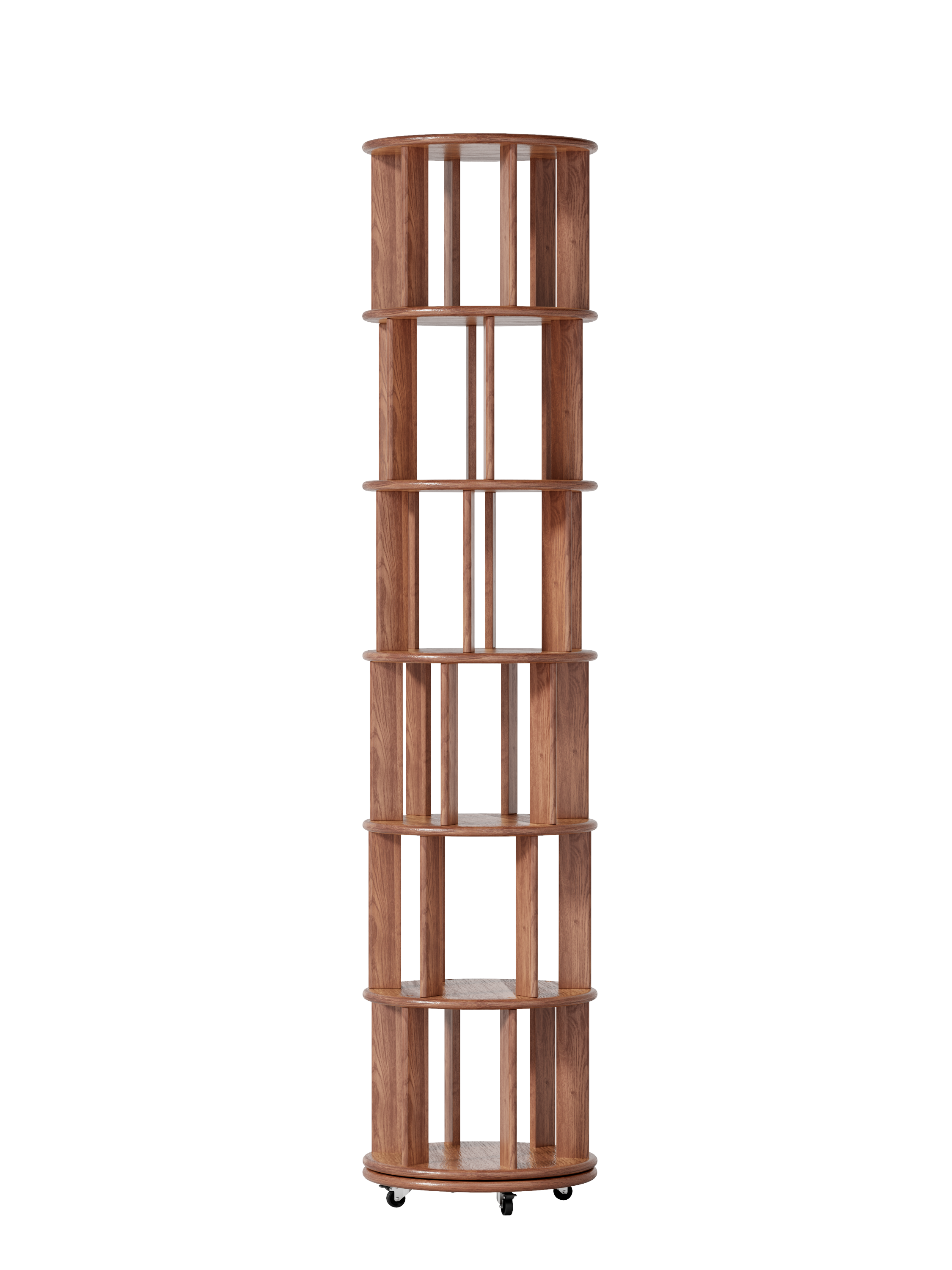 100%Solid Wood Rotating Bookshelf on Wheels, 6 Tier, Round Revolving Bookcase, 360° Spinning Book Shelf Tower for Kids, Narrow Rolling Bookshelves for Small Space, Corner, Bedroom, Office, Walnut