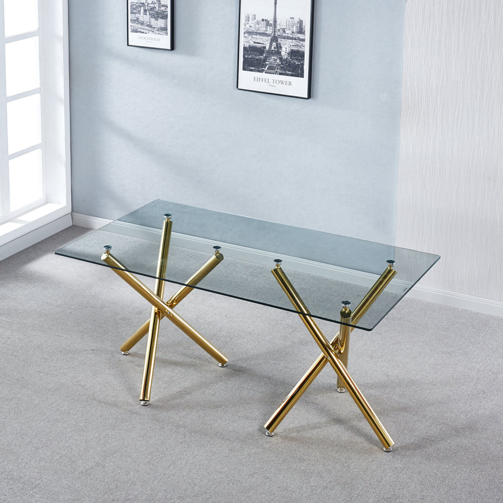 Rectangular Tempered Glass Dining Table with Double Stainless Steel Base, Modern Dining Room Interior Design, For 6 People