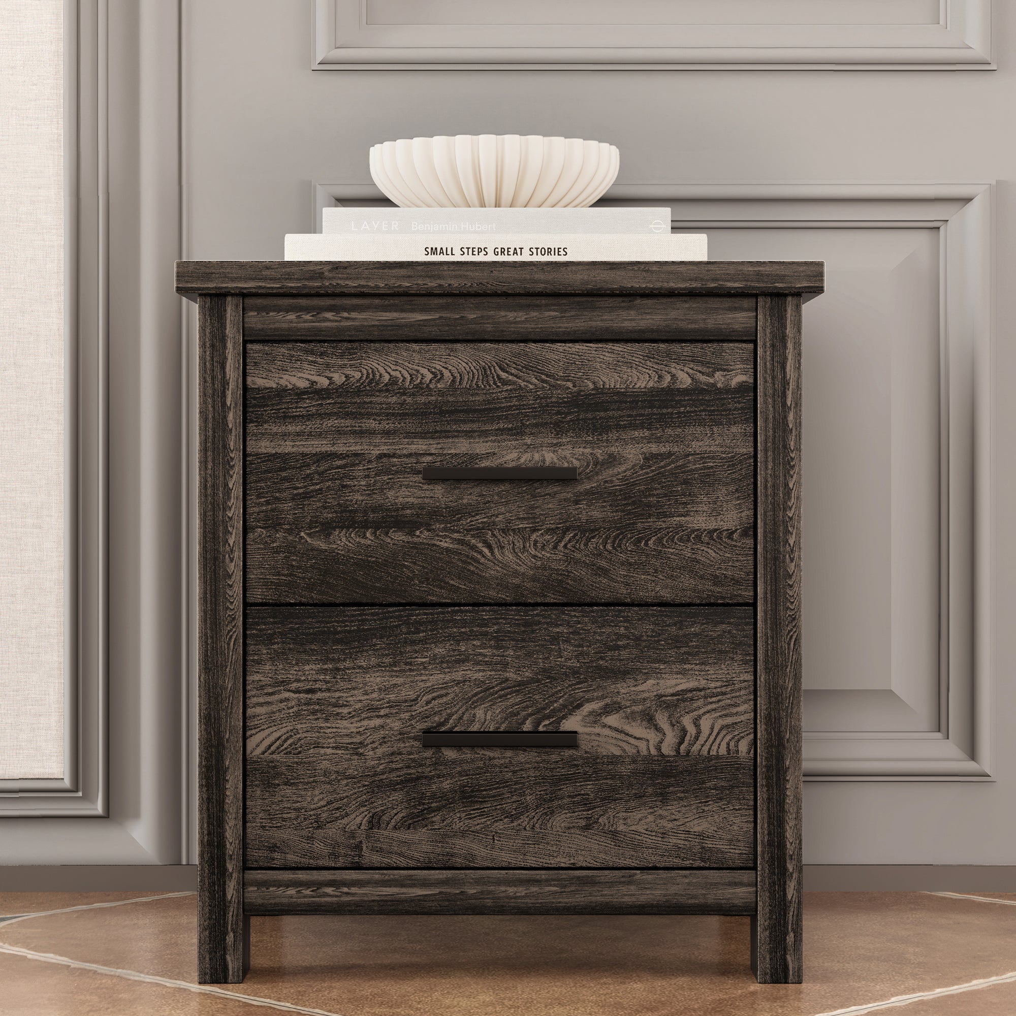 4PCS Bedroom Sets, Wooden Queen Size Bed Frame with Storage Headboard and Charging Station, 2 Nightstands with 2 Drawers, 1 Dresser with 5 Drawers, Antique Gray