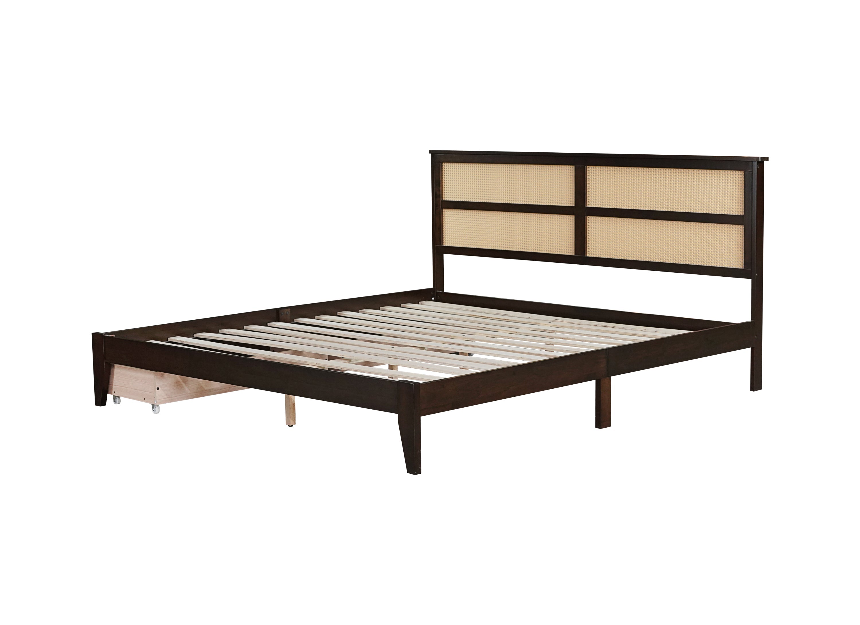 King Size Bed with Rattan Headboard, Two Storage Drawers, Rubber Wood Bed with Enhanced  Support Salts and Feet,Espresso