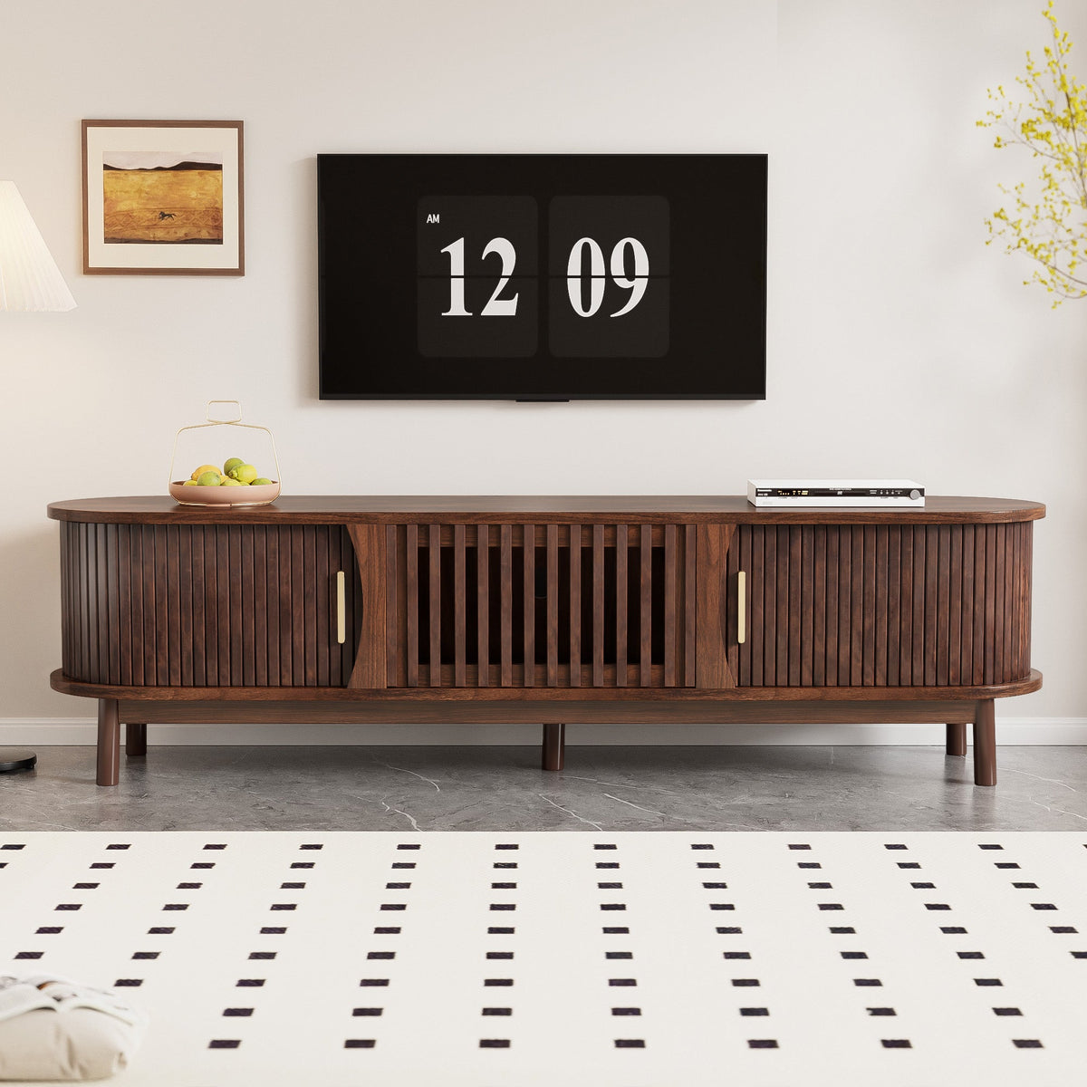 Modern Farmhouse TV Stand for 75' TVs, Wood Entertainment Center with Storage Cabinet, TV Console Table for Living Room, Bedroom
