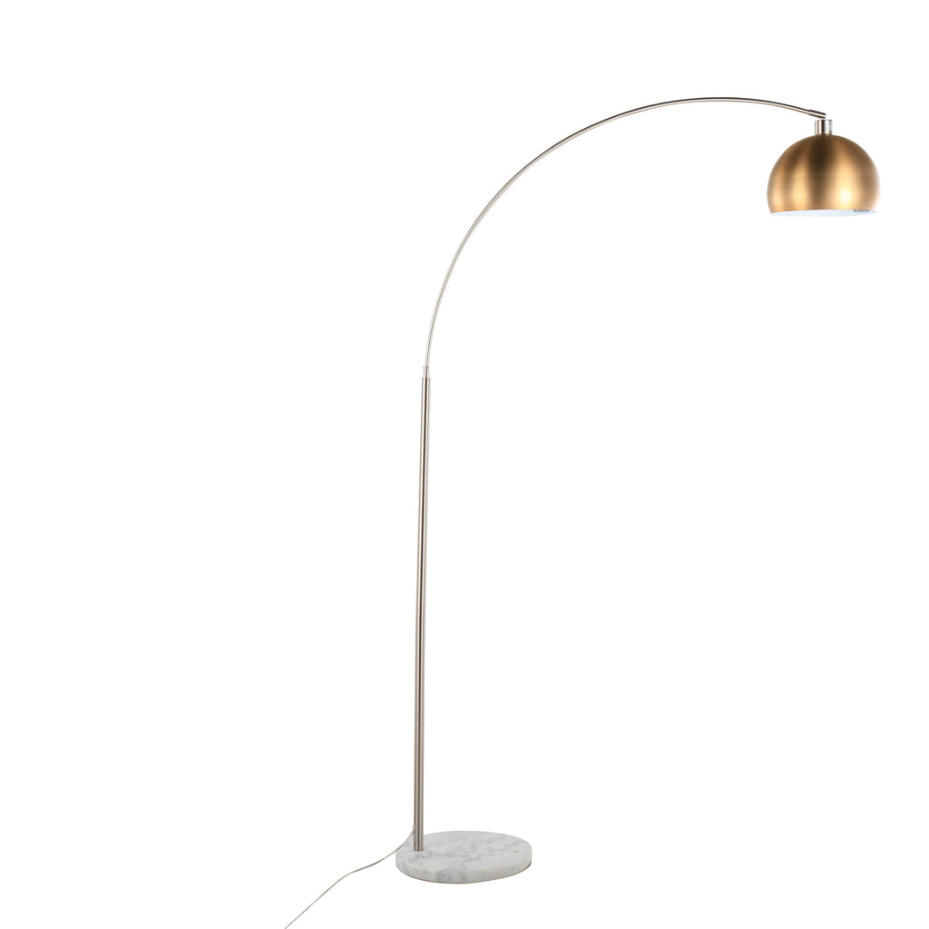 March Contemporary Floor Lamp in White Marble and Nickel with Antique Brass Metal Shade by LumiSource