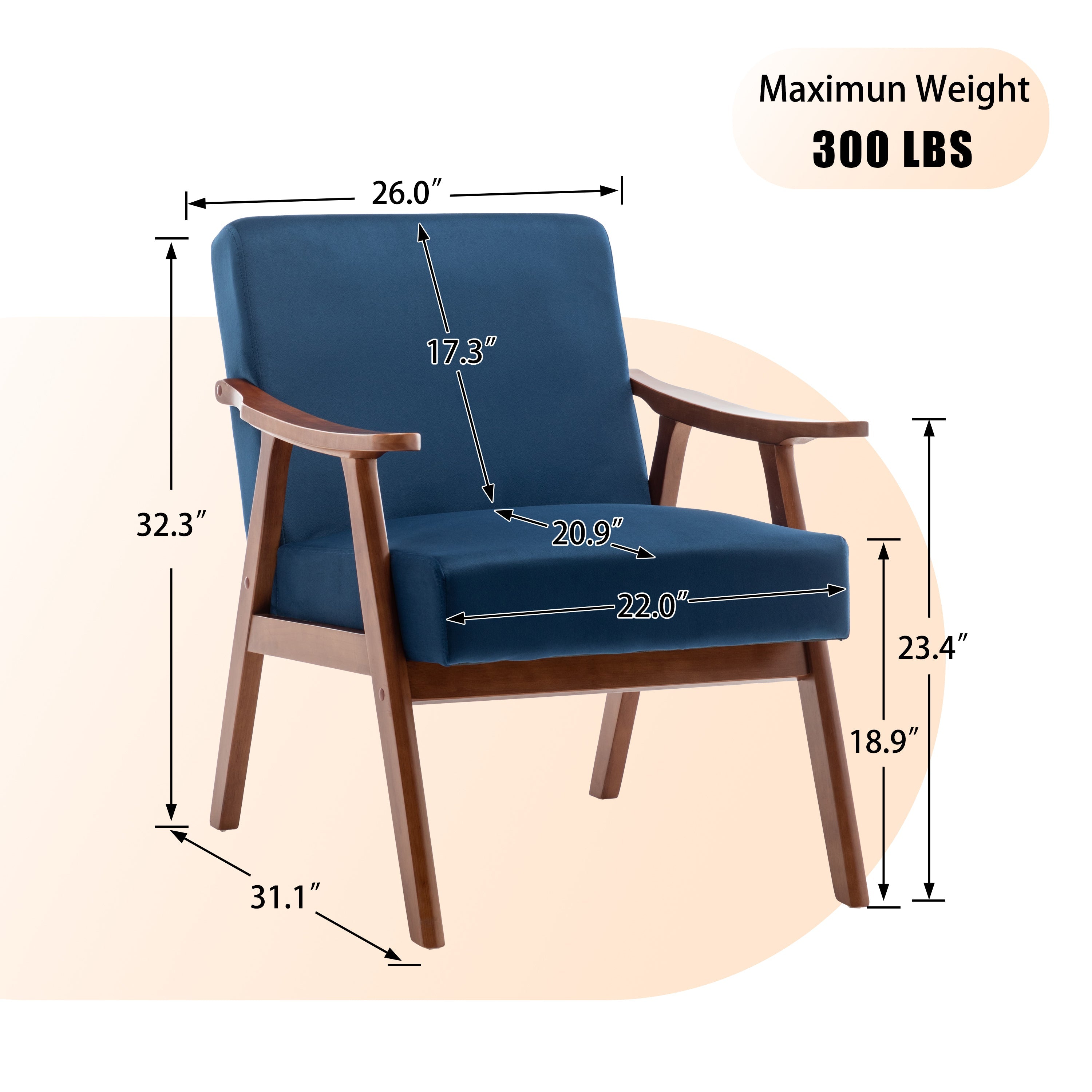 Mid-Century Modern Chair, Living Room Chair with Solid Wood Frame, Accent Chair Extra-Thick Backrest, Wingback Chair for Bedroom, Reading Room, Living Room, Lounge Chair Indoor