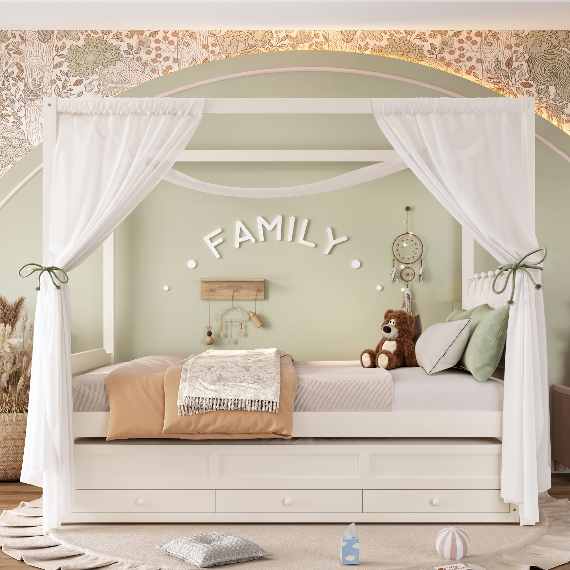 Full Platform Bed with Upholstered Headboard,Twin Size Trundle and 3 Drawers,Princess Canopy Bed Frame for Kids,Storage & Easy Assembly,Beige.