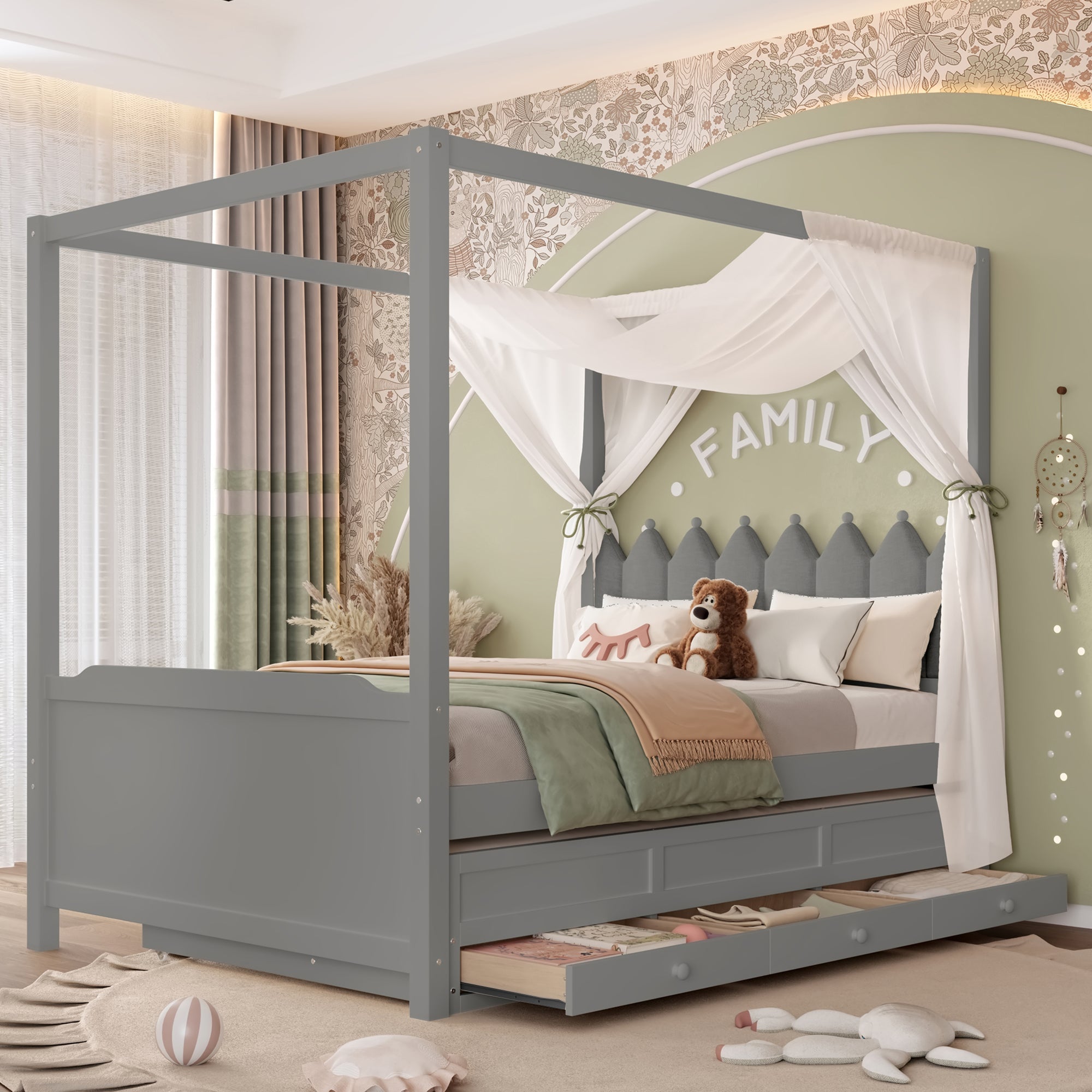 Full Platform Bed with Upholstered Headboard,Twin Size Trundle and 3 Drawers,Princess Canopy Bed Frame for Kids,Storage & Easy Assembly,Gray.