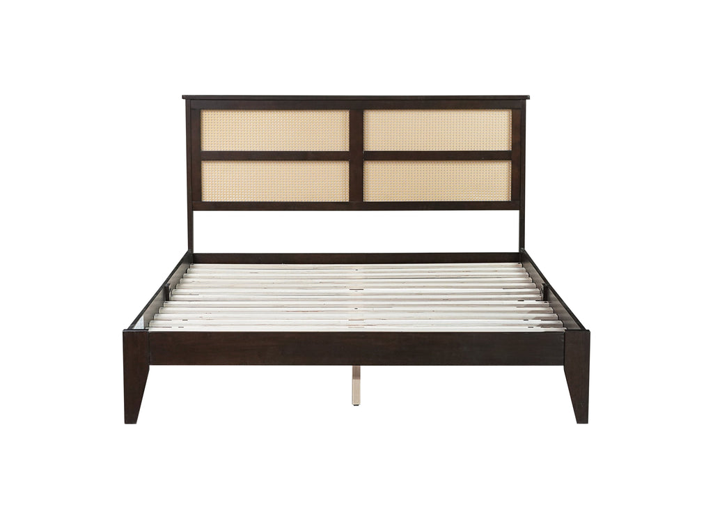Queen Size Rubber Wooden, Solid Wooden Bed with Rattan Headboard, Enhanced by Support Feet,Espresso