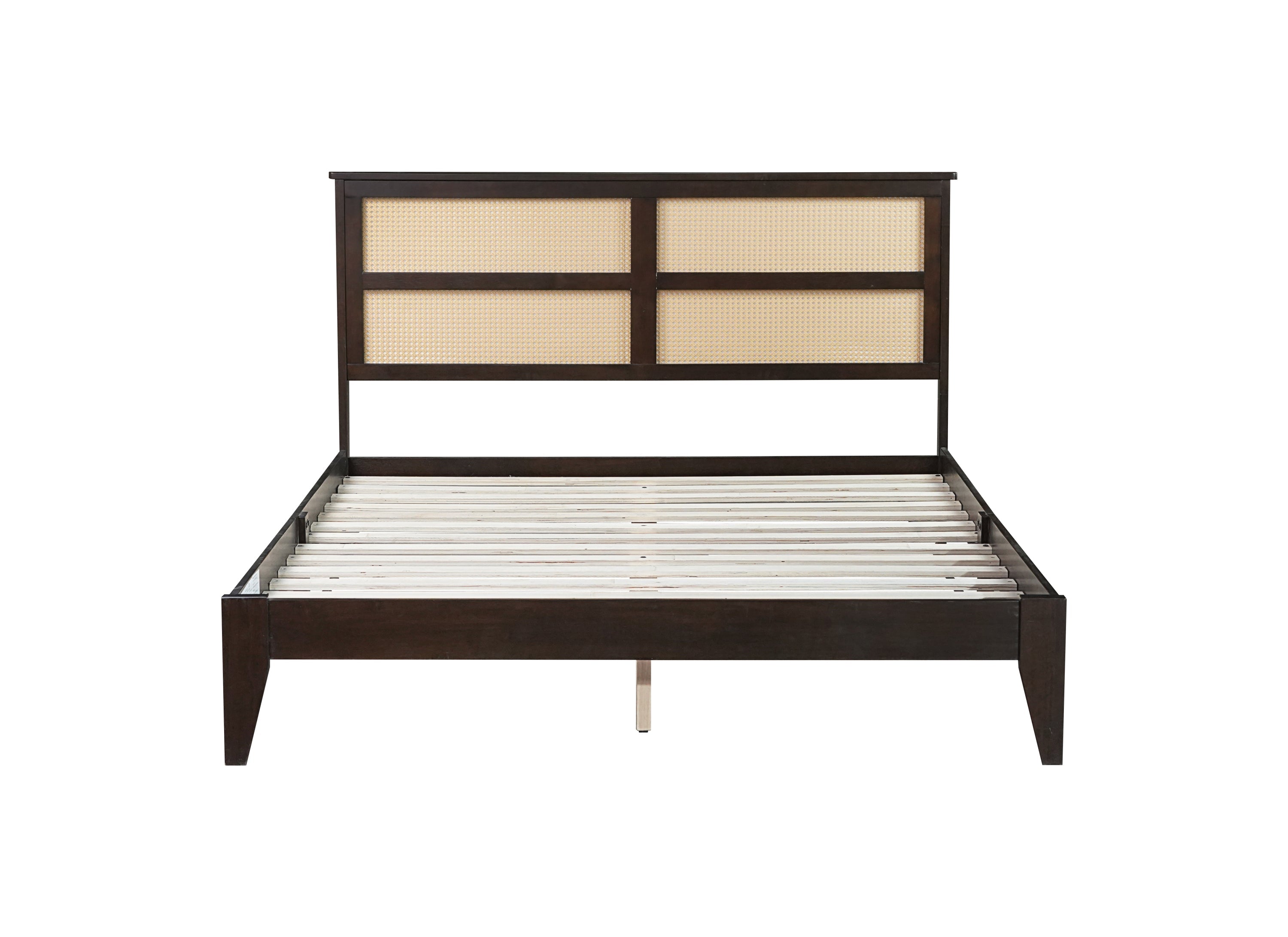 Queen Size Rubber Wooden, Solid Wooden Bed with Rattan Headboard, Enhanced by Support Feet,Espresso