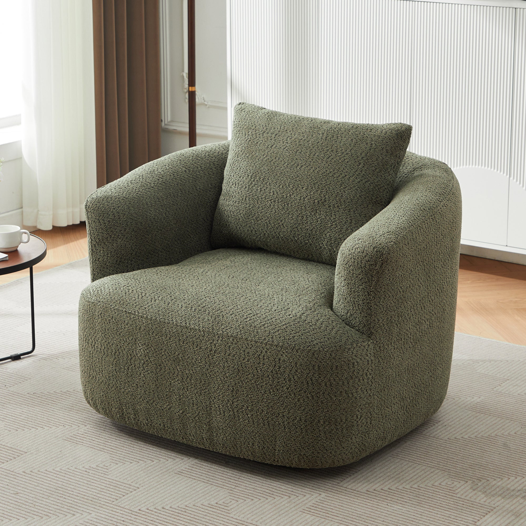 360° Swivel Chair, Chenille Upholstered Barrel Sofa Chair with Throw Pillow, Green, 38.2' for Living Room, Bedroom, Office