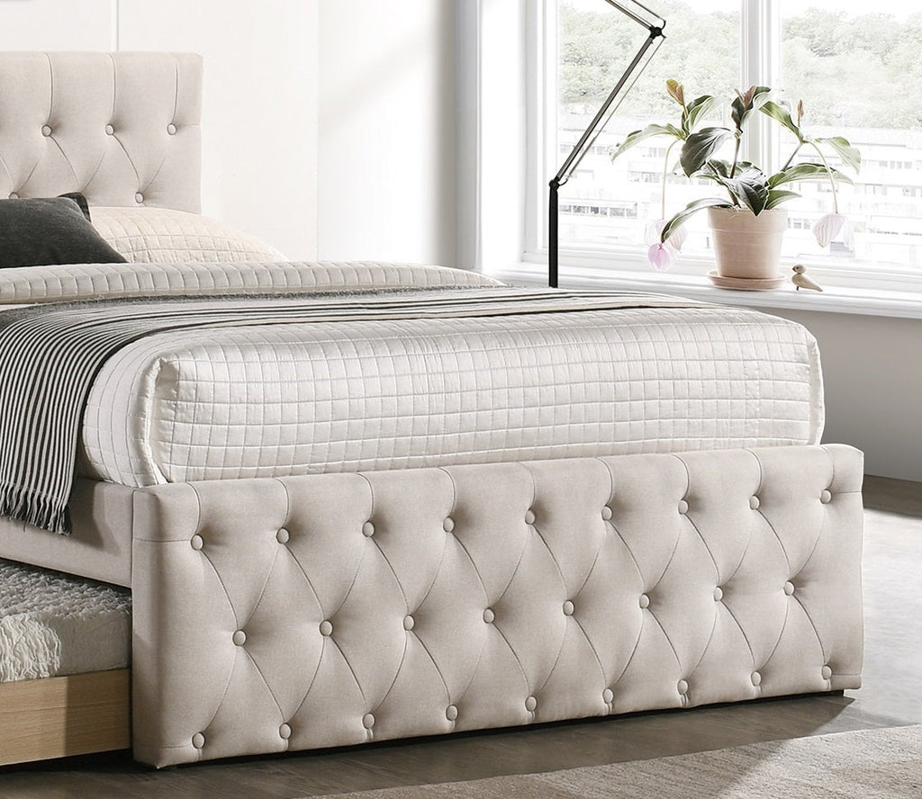 Contemporary Full Size Bed w/ Trundle Slats Light Brown Burlap Upholstered Tufted Headboard Footboard Youth Bedroom Furniture wooden Slats 1pc Bed