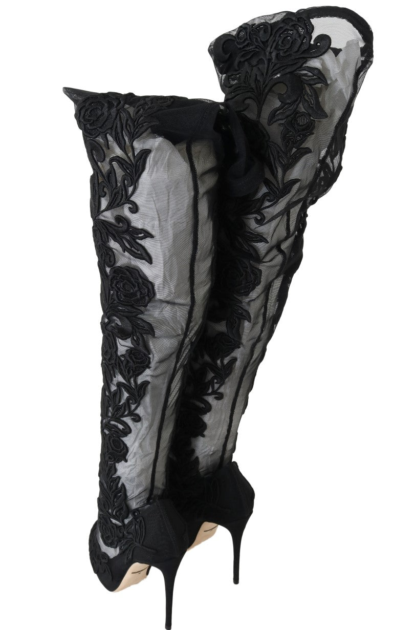 Dolce & Gabbana Black Floral Embroidered Socks Boots
