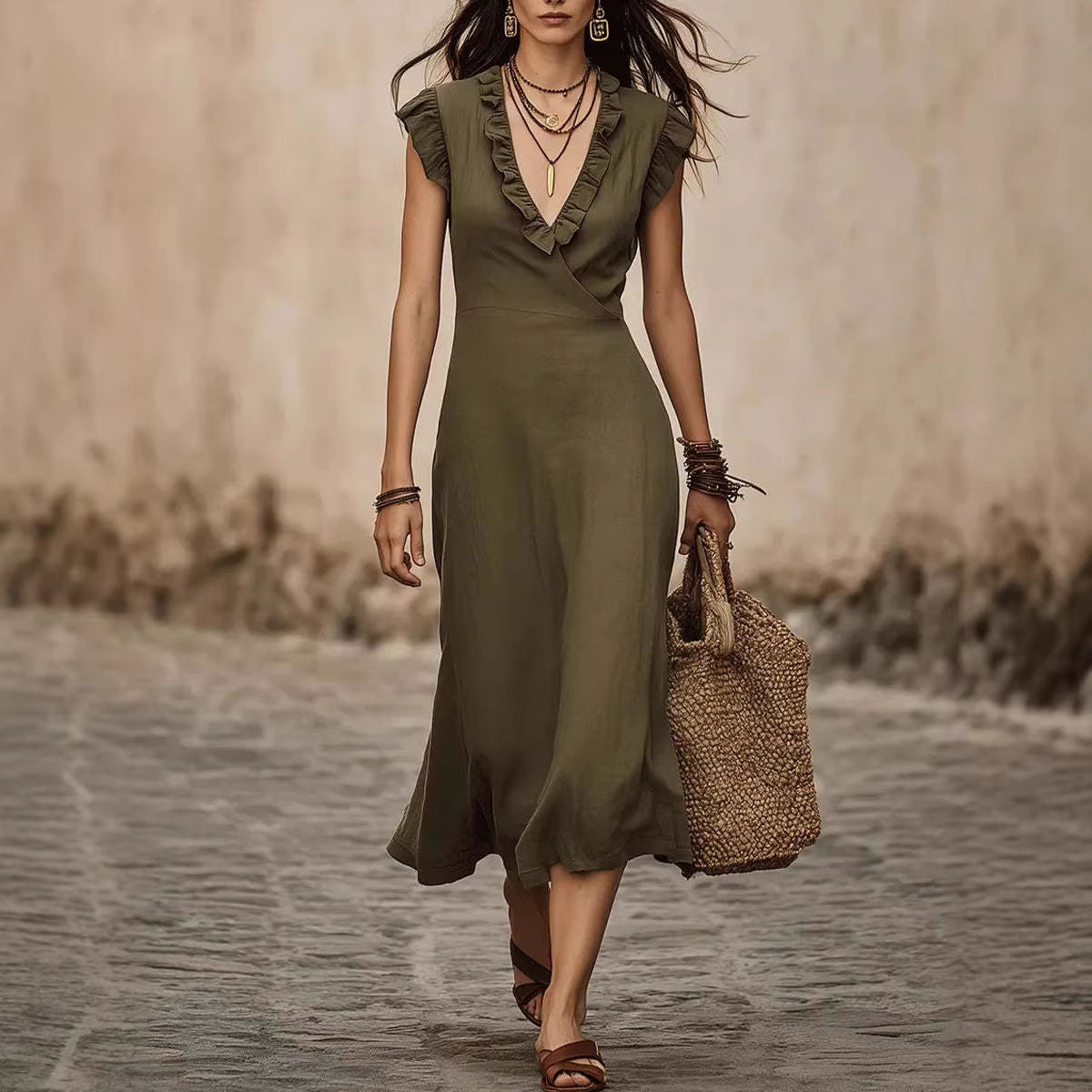 Women's V-Neck Flutter-Sleeve Ruffle-Trim Midi Dress