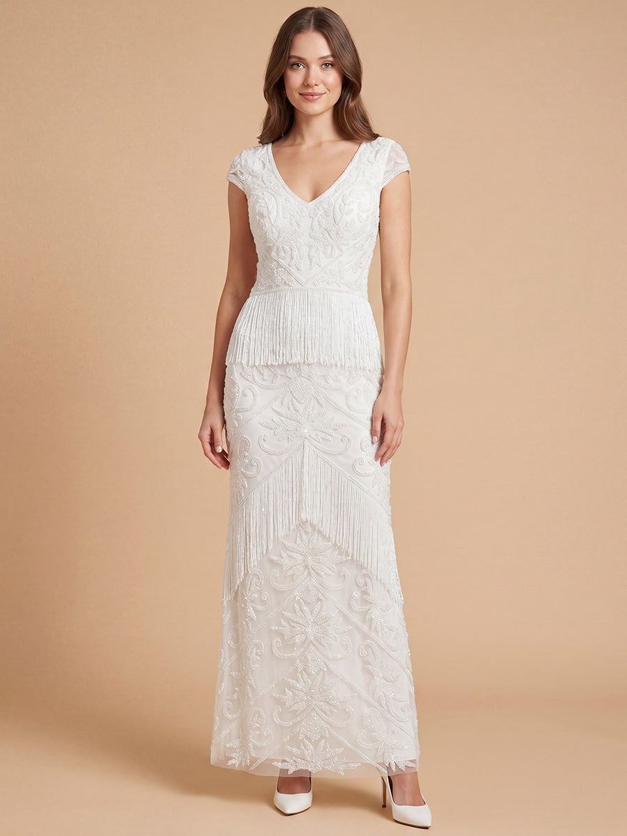 Cap Sleeve Bridal Beaded Gown with Fringe | 51222