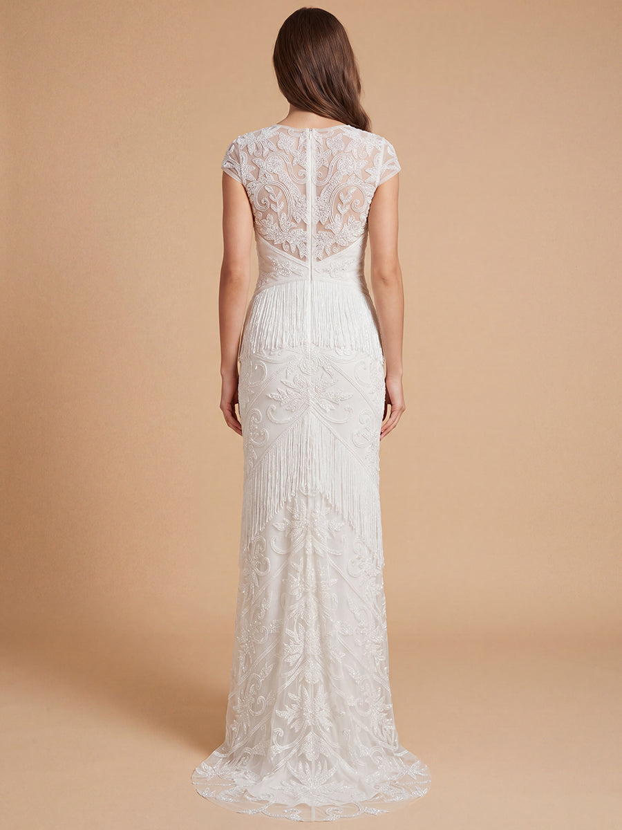 Cap Sleeve Bridal Beaded Gown with Fringe | 51222