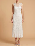 Lara Beaded A-Line Midi Dress with Illusion Neckline | 51230