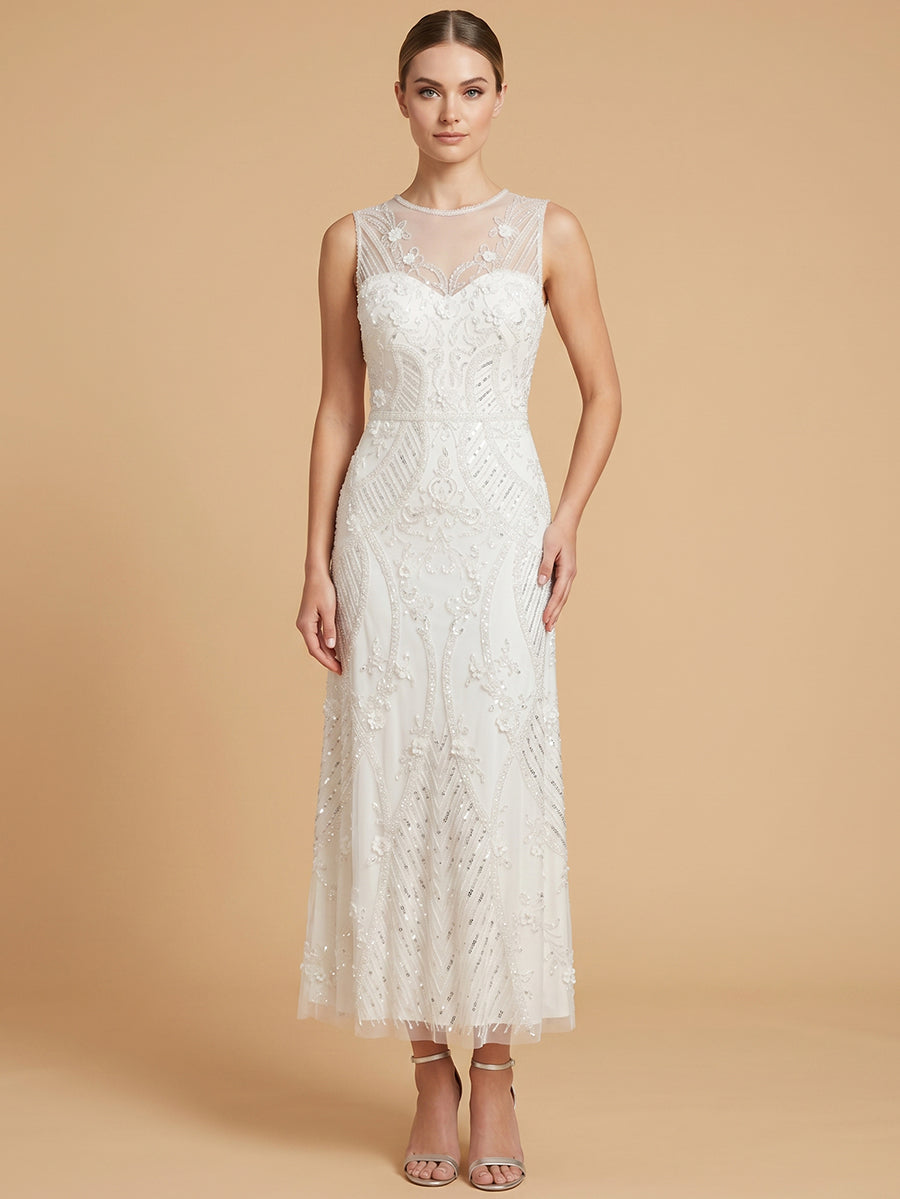 Lara Beaded A-Line Midi Dress with Illusion Neckline | 51230