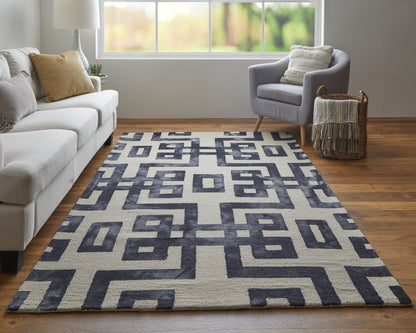 4' X 6' Ivory And Black Wool Geometric Hand Tufted Area Rug