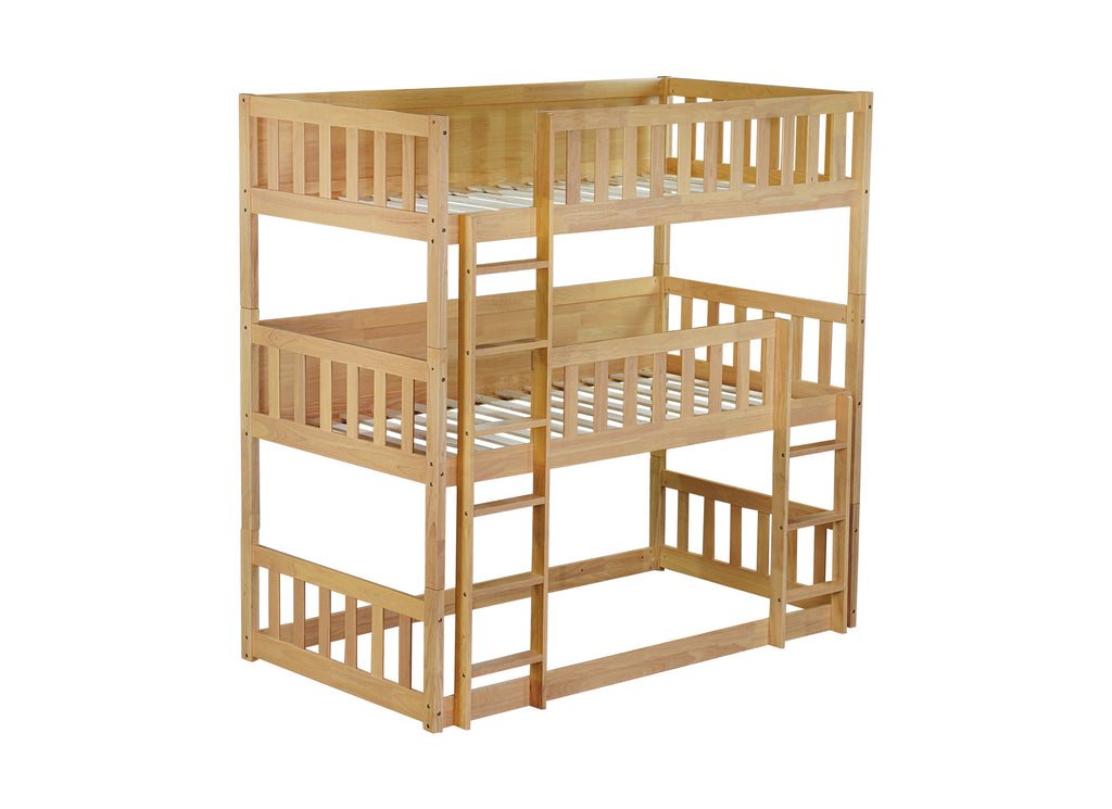 Twin Size Triple Rubber Wood Bunk Bed, with Ladders, Guardrails Detachable Bunk Bed, Twin over Twin over Twin,Natural