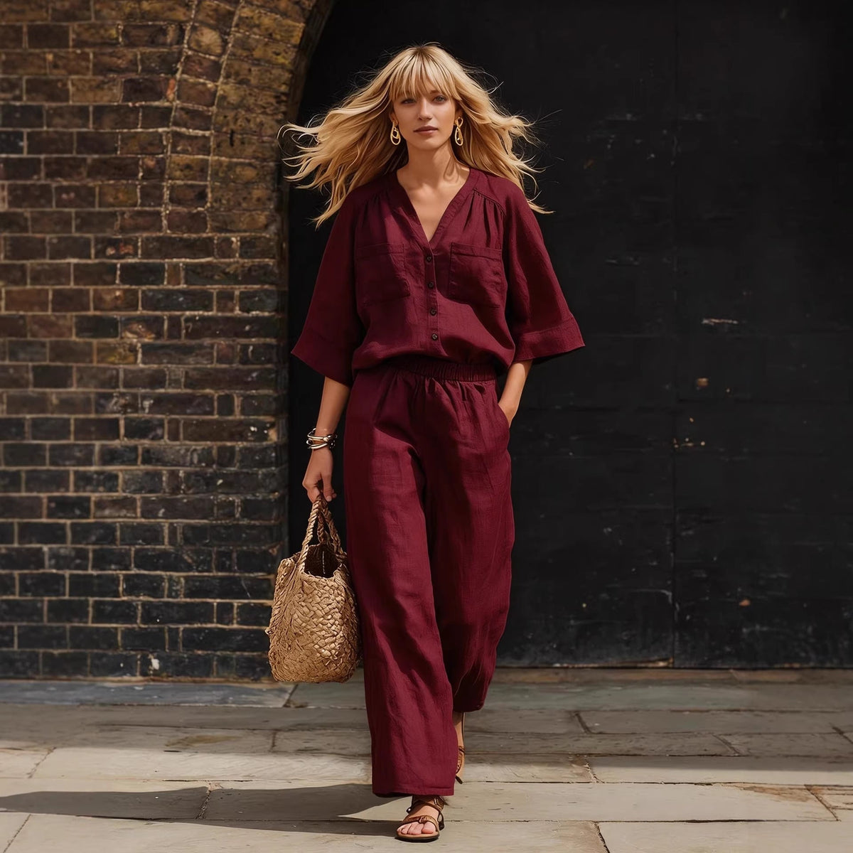 Women's Linen Button-Up Cardigan & Wide-Leg Pants Set – 2-Piece Outfit