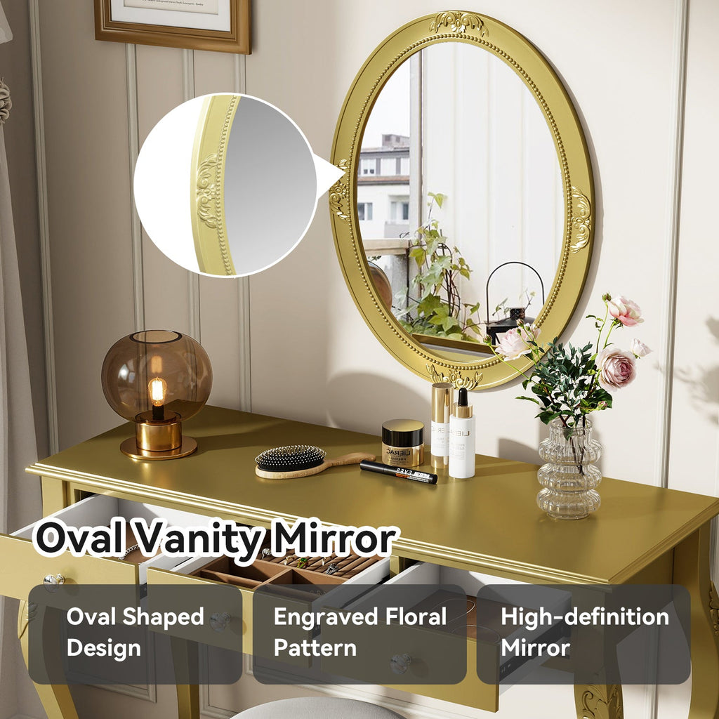 Luxury Makeup Vanity Desk with Oval Mirror, 3-Drawer Dressing Table for Jewelry Storage, Elegant Console Table for Entryway, Living Room & Bedroom, Stylish Home Decor,Gold