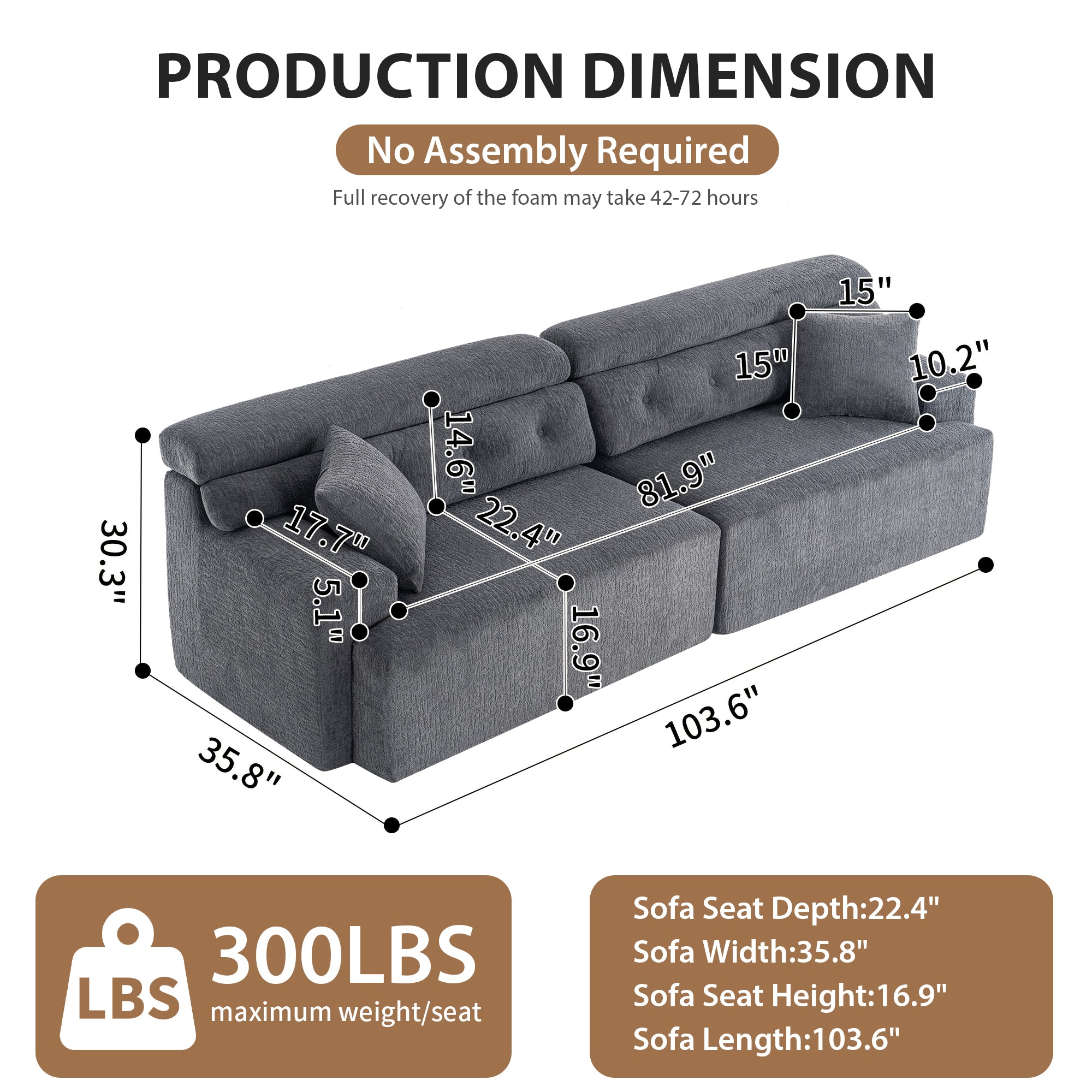 LY-029 GRAY COMPRESSION SOFA: 4-seater combined sofa, Wood Grain Chenille fabric, full sponge compression sofa,combined sofa with 2 pillows  for living/ Home Furniture/ Apartment