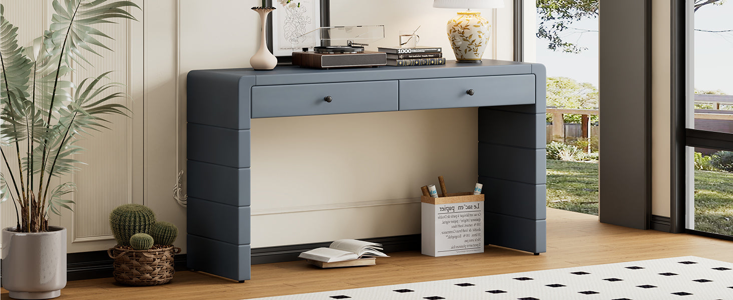 TREXM Curved Console Table with Storage, Wooden Entryway Table with 2 Drawers, Farmhouse Rustic Console Tables for Entryway, Hallway, Living Room, Navy