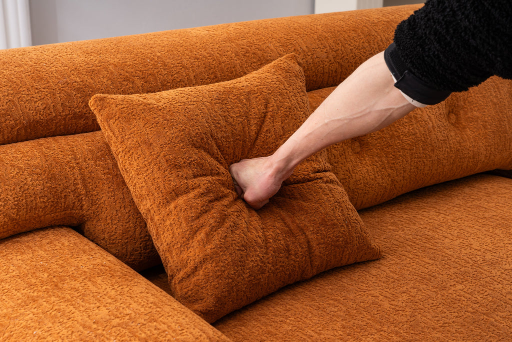 LY-029 Reconfigurable 4-Seater Sectional Sofa with Wood Grain Chenille Fabric, Amber Orange Modular Sofa with 2 Pillows, High-Density Sponge Couch for Living Room & Apartment