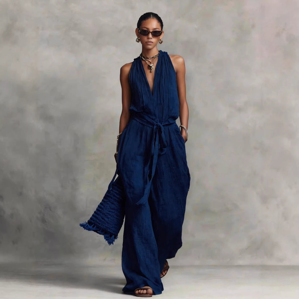 Lace-Up Sleeveless Straight-Leg Jumpsuit | Cotton-Blend